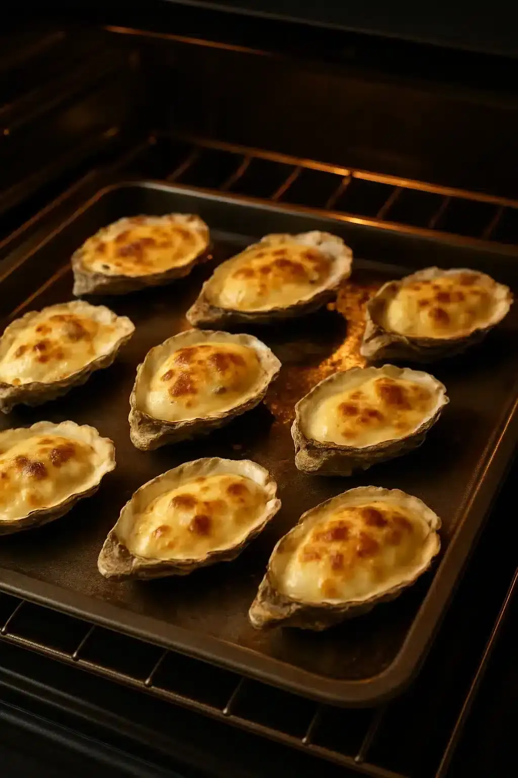 Ostras gratinadas con queso camembert recién horneadas